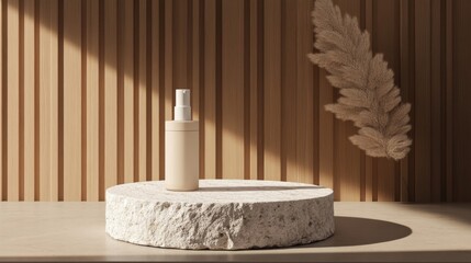 Obraz premium Beige Cosmetic Spray Bottle on Stone Display