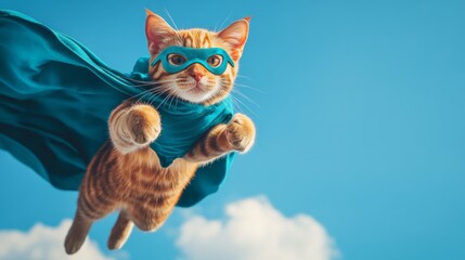 Orange Tabby Cat in Superhero Costume Flying Through Blue Sky