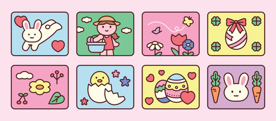 Fototapeta premium Cute Easter-themed vector illustrations with bunny, eggs, flowers, and spring elements in pastel colors. Perfect for kids and holiday designs.