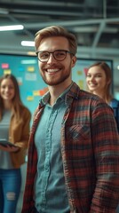 Obraz premium A smiling man in a plaid shirt with two colleagues