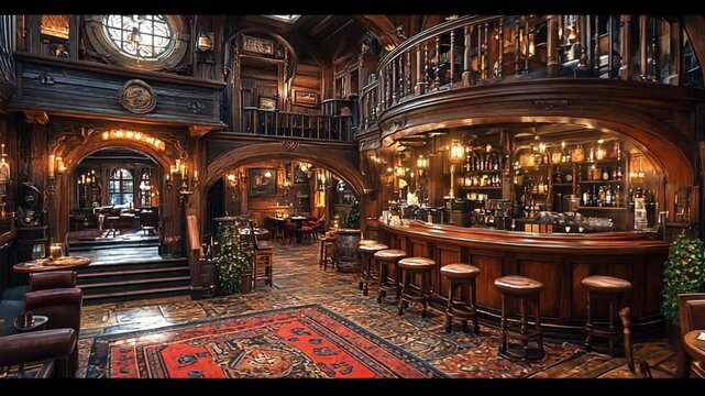Luxurious antique pub interior, rich woodwork, warm ambiance