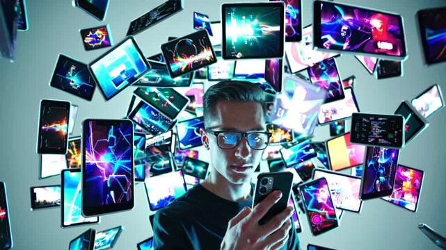 Young professional immersed in complex technological environment, surrounded by multiple dynamic digital screens and interactive mobile devices showcasing intricate data visualizations