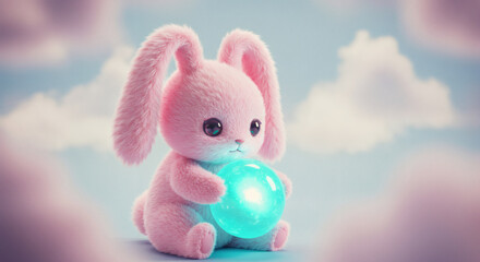 Fototapeta premium Whimsical Pastel Bunny with Turquoise Orb, Dreamy, Fluffy, Fantasy Scene