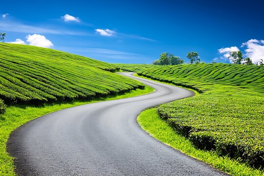 A smooth road winding through an emerald tea plantation under a vibrant blue sky.
