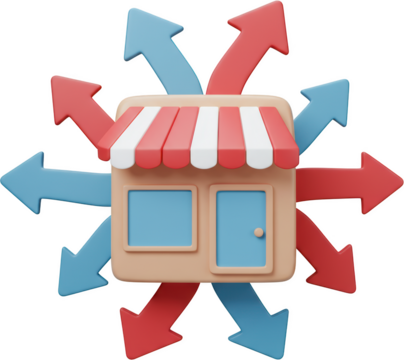 Growing Business Success 3D Render of a Store with Multiple Upward Arrows Showing Expansion and Growth