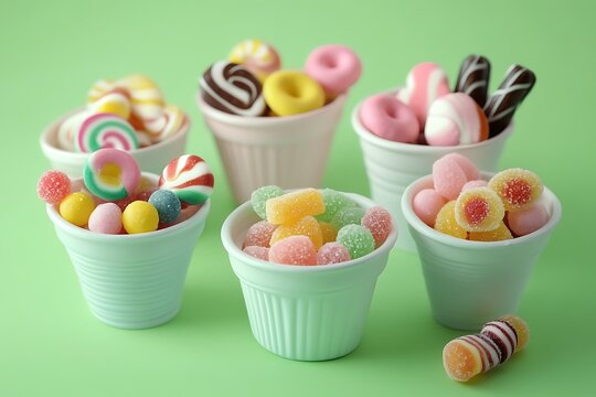 A selection of mini decorative pots filled with candies and sweets, isolated on a pleasant green background.