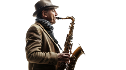 Senior saxophonist playing with passion on transparent background