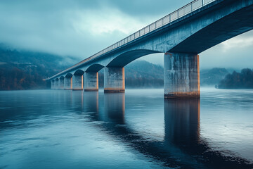 Large multi-arched bridge spanning over a calm, reflective body of water on landscape background with trees, hills, and cloudy sky.