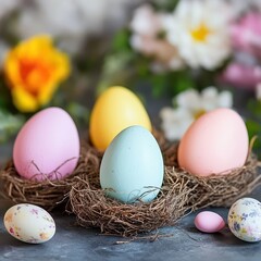Fototapeta premium Easter eggs in nests with flowers