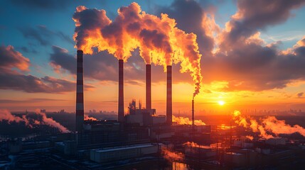 Industrial power plant with tall smokestacks stands against vibrant blue sky, dramatic emissions glow in golden sunlight, showcasing energy production and environmental impact in cinematic sunset.