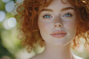 Portrait of red-haired woman with curly hair and soft expression. Ideal for hair care, fashion, natural beauty, and elegance.


