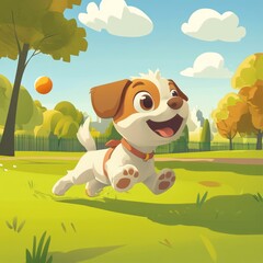 Art Cartoon Puppy Perspective Fetch Park Afternoon