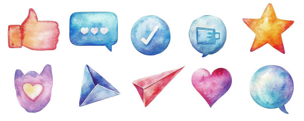 Social media icons including heart, star, thumbs up and notification bell in watercolor illustration set. Symbols with soft pastel shades for digital communication isolated on transparent background.
