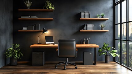 Minimalist home office features wooden desk with black chair, concrete wall, and floating shelves, warm lamp and leather accessories create moody, professional workspace with clean lines.