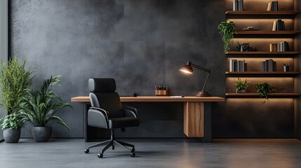 Minimalist home office features wooden desk with black chair, concrete wall, and floating shelves, warm lamp and leather accessories create moody, professional workspace with clean lines.