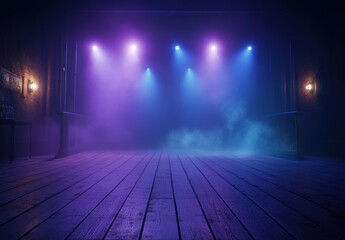 Dark stage with purple and blue neon lights, smoky atmosphere, wooden floor.