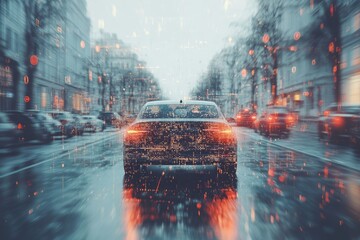 Autonomous vehicle on wet city street digitally enhanced illustration