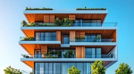 Modern residential building boasts sleek glass facades, geometric balconies, and rooftop garden, wood accents and minimalist landscaping enhance luxury condominium against blue sky backdrop.