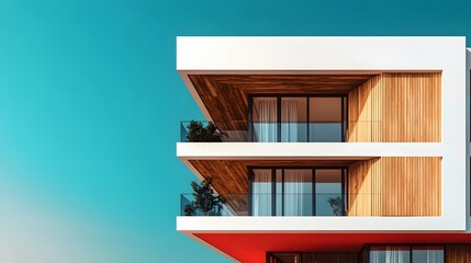 Modern residential building boasts sleek glass facades, geometric balconies, and rooftop garden, wood accents and minimalist landscaping enhance luxury condominium against blue sky backdrop.