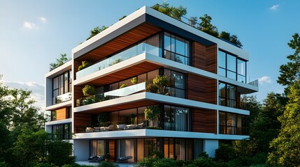 Obraz premium Modern residential building boasts sleek glass facades, geometric balconies, and rooftop garden, wood accents and minimalist landscaping enhance luxury condominium against blue sky backdrop.