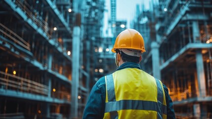 Construction worker wearing hard hat stands facing a construction site