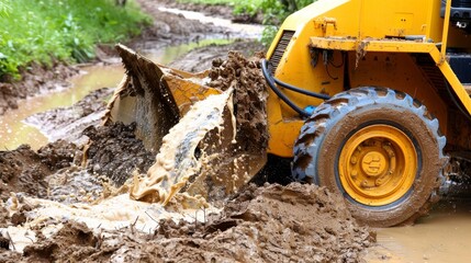 Fototapeta premium Yellow construction machinery scoops mud and water, splashing, in a muddy environment