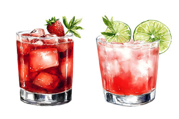Transparent Background Watercolor Two Colorful Summer Cocktails Illustration