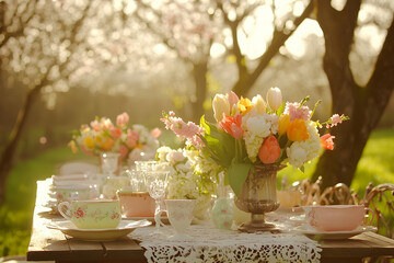 Outdoor Table Setting with Tulip Bouquets and Delicate Teacups Under Blooming Trees