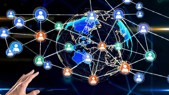 Digital visualization of worldwide communication network with interconnected human nodes surrounding holographic earth representation, human hand touching network interface