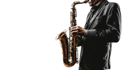 Musician playing saxophone on transparent background
