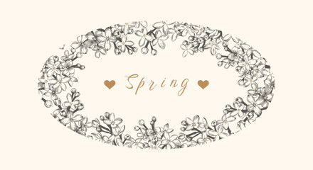 Oval frame with lilac. Blue vector illustration. Floral background. Engraving style.