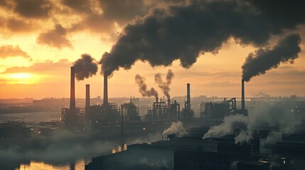 Industrial pollution event urban cityscape aerial view sunset environmental impact factory emissions