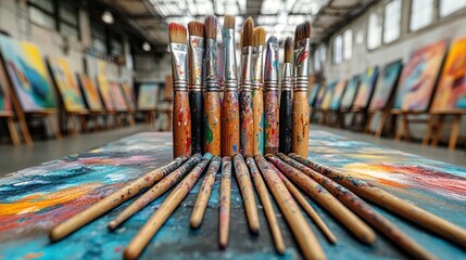 An art room with paintbrushes, easels, and student artwork