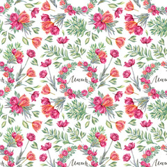 Watercolor seamless pattern with circle frame red orange tulip and green leaves on white background. Calendar with lettering March. Art with flower for spring celebration. Wrapping and wallpaper