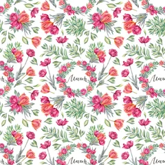 Selbstklebende Fototapeten Watercolor seamless pattern with circle frame red orange tulip and green leaves on white background. Calendar with lettering March. Art with flower for spring celebration. Wrapping and wallpaper © NatashaKun