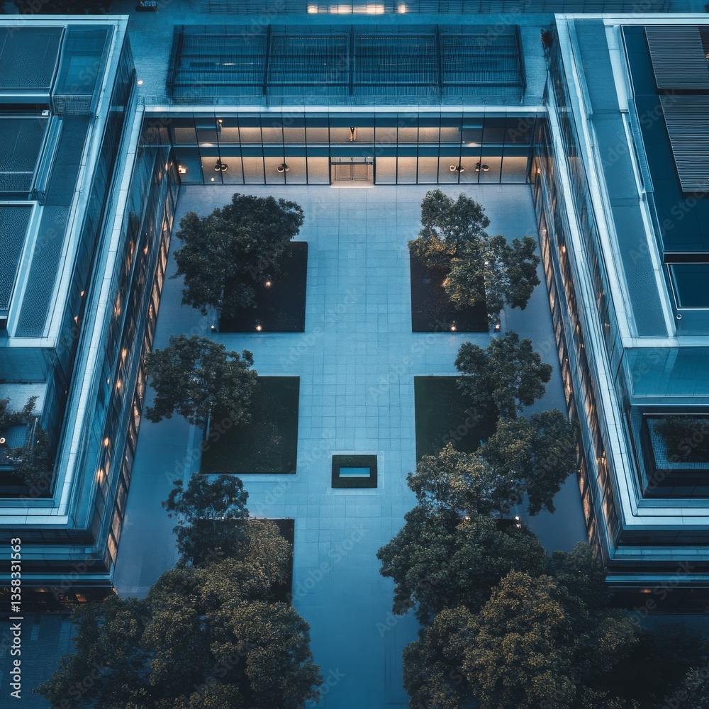 Fototapete aerial view of tranquil courtyard with lush trees surrounded by modern architecture at twilight