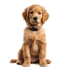 Adorable Golden Retriever puppy with soft fur sitting pretty against a clean, bright white background.