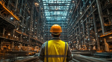 Construction worker gazes at expansive metal framework structure