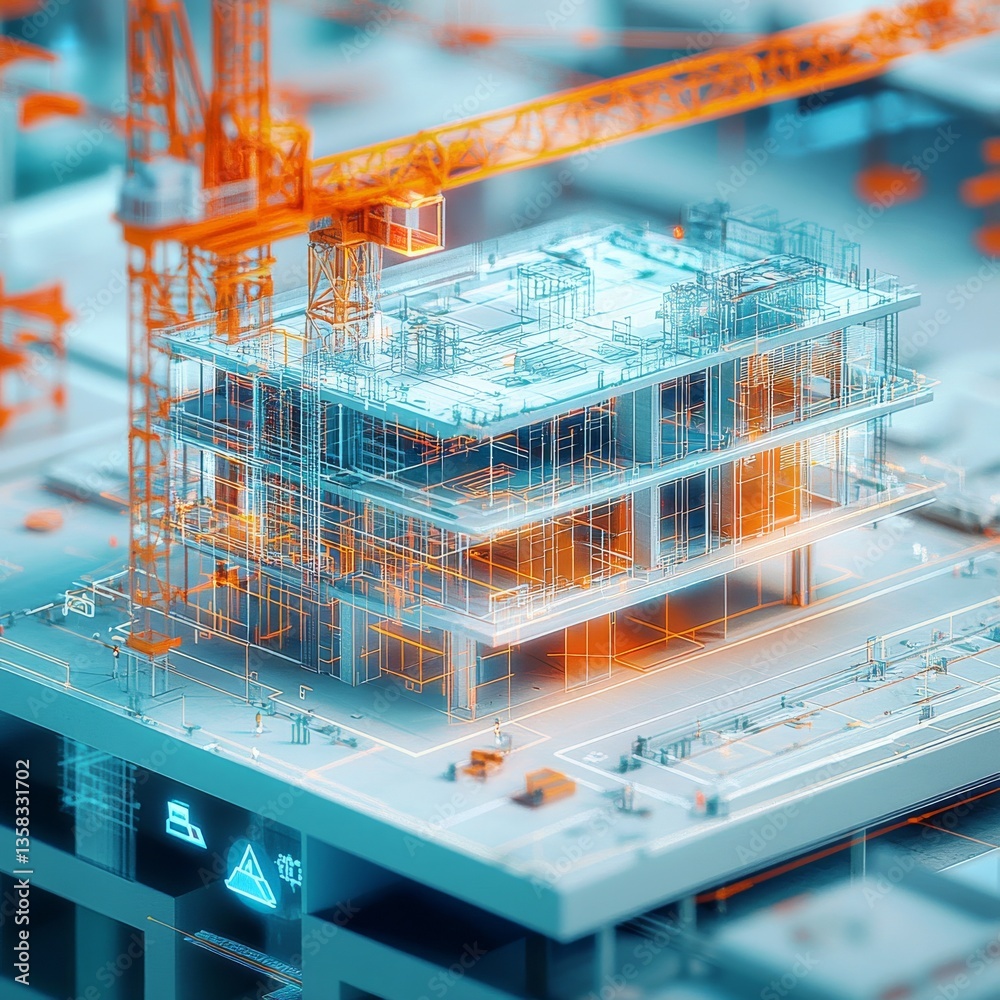 Aufkleber architectural blueprint visualization: futuristic building construction with crane and detailed desi