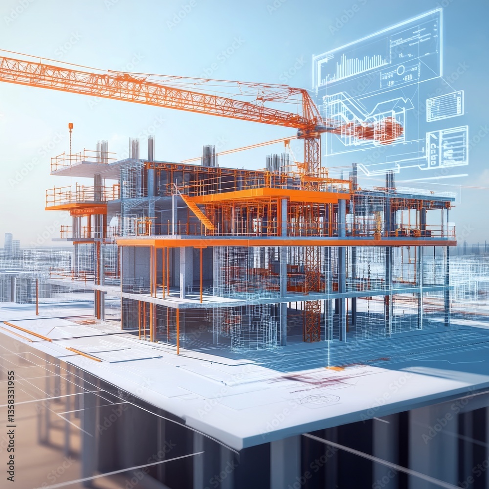 Poster building information modeling: a construction site view with an orange crane and blueprints overlaye