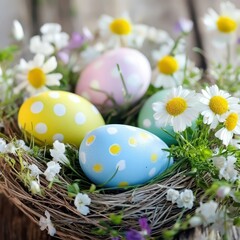 Colorful Easter eggs in a flower nest display
