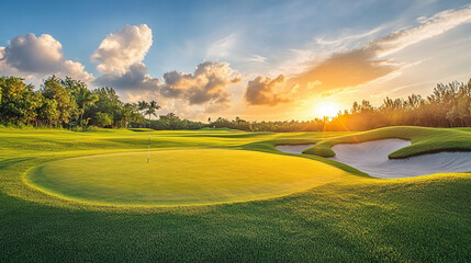 Stunning golf course at sunset with serene fairway and scenic Landscape, Generative AI