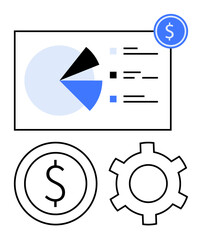 Pie chart alongside dollar coin and gear highlighting financial strategy, data insights, revenue, business optimization. Ideal for finance, analytics, economy, strategy, technology solutions flat