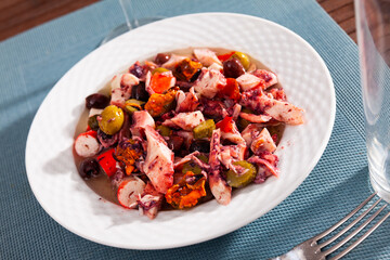 Seafood Salpicon (Salpicon de Marisco) with shrimp, mussels, octopus, bell peppers, onions, tomatoes and olives