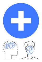 Blue medical cross symbol, abstract brain neural pattern, face with geometric data lines. Ideal for healthcare, AI, mental health, digital diagnostics, technology, innovation human-machine