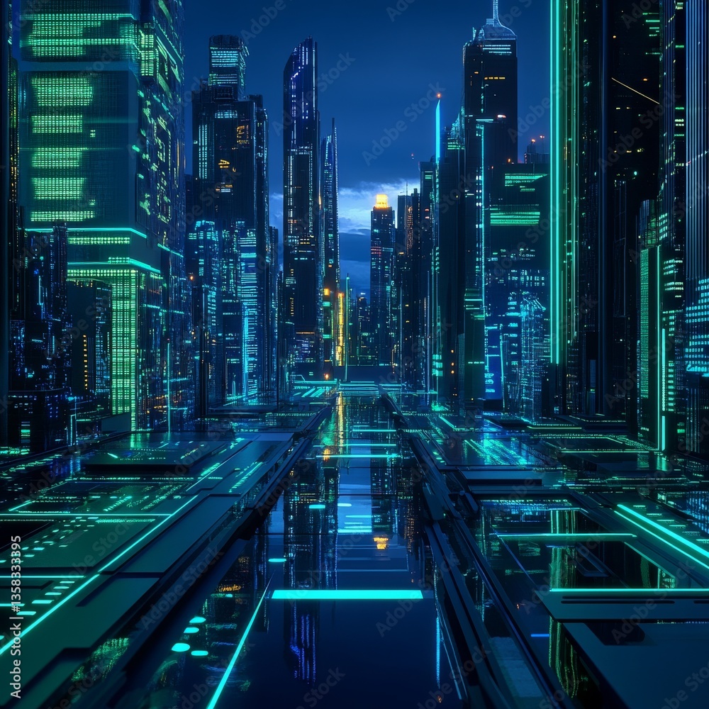 Poster neon skyline: a glimpse into a futuristic metropolis at twilight, illuminated with cyberpunk aesthet