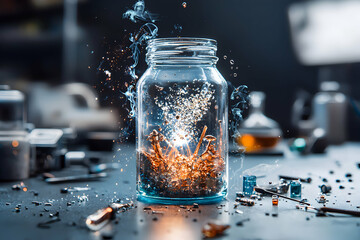 A glass jar containing glowing metal elements with smoke effects on a laboratory table. Perfect for scientific or futuristic themed projects
