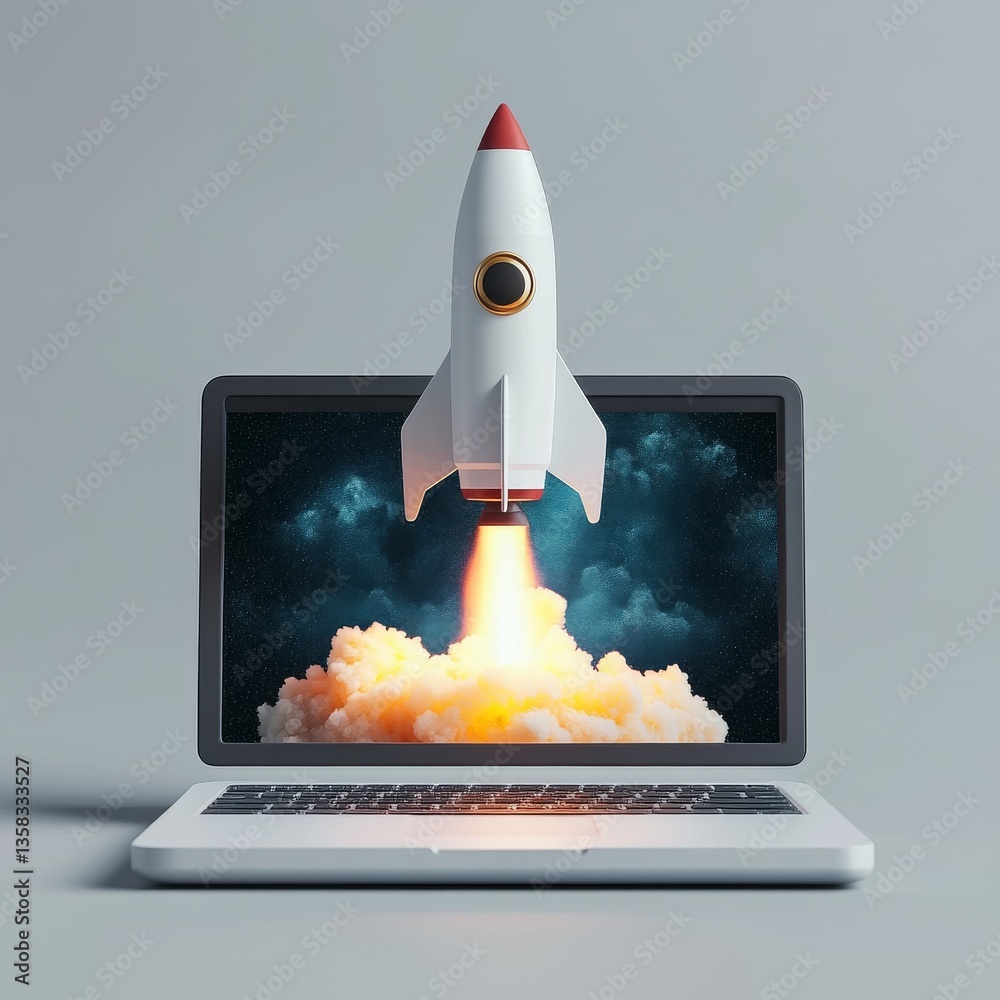 Poster rocket launching from laptop screen: a metaphor for innovation and technological advancement