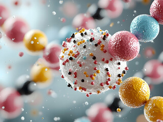 Abstract depiction of colorful spheres floating suggesting molecular structures. Ideal for science education or medical presentations. Use for cell or particle visualization.