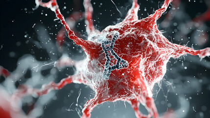 A detailed image of a cell likely infected with a virus. Depicts a complex biological structure with a focus on internal genetic material. Potential use in science education.